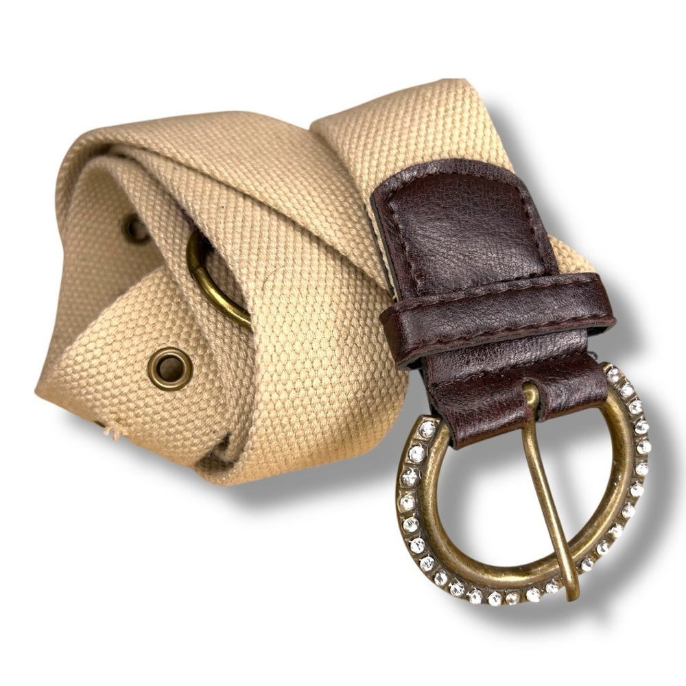 Size 14 Y2K Khaki Canvas Buckle Accent Belt Womens Rhinestone Beige Khaki